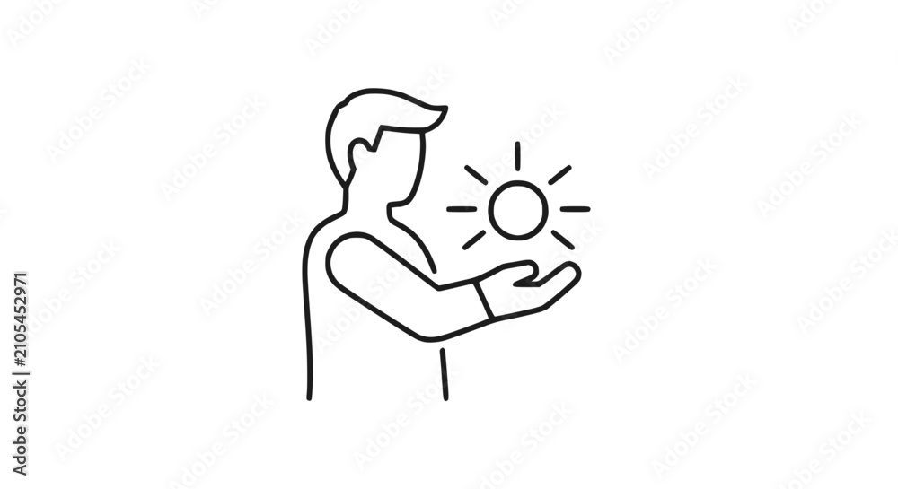 Fototapeta premium Man holding sun icon in hand, concept of energy, power, inspiration, ideas, hope