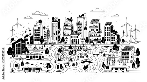 Fotografie Eco-friendly city illustration with green buildings, solar panels, windmills, an