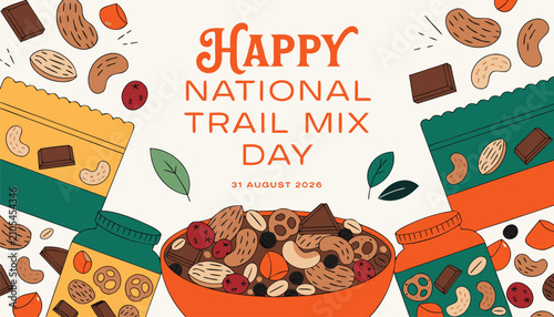 Colorful illustration celebrating happy national trail mix day with snacks