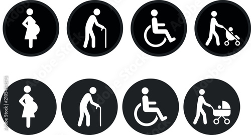 Set of round black social inclusive pictograms for public facilities with pictogram, accessibility