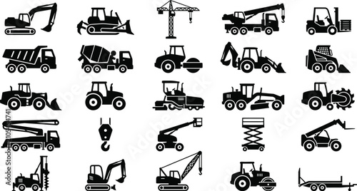 A collection of heavy machinery and construction vehicles in black and white