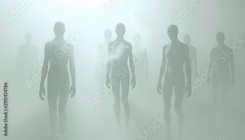 Ethereal figures emerge from mist, a ghostly procession.