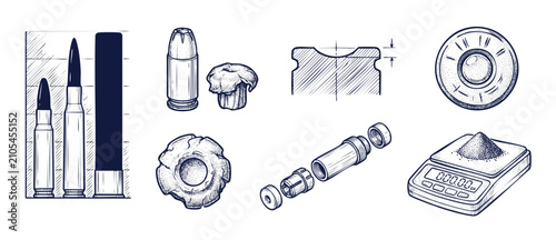 Foto Ammunition reloading diagrams bullet illustration set featuring handloading tools, cartridges, hollow point expansion, technical blueprints, and digital powder scales in vintage engraving style
