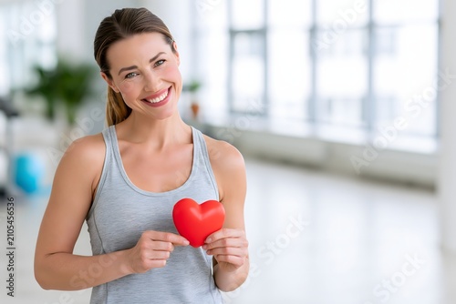 smiling woman exercising with red heart symbol, wellness, heart disease prevention, bright fitness studio, authentic lifestyle photography