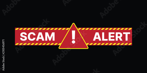 Scam Alert Warning Banner with Exclamation Mark. Red Fraud Alert Sign. Cyber Security and Phishing Prevention Vector.