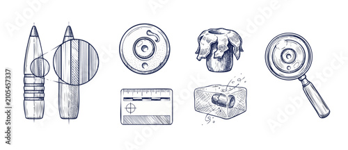 Bild auf Leinwand Ballistics bullet forensic science sketch set showing firearm investigation, rifling analysis under magnifying glass, casing primer mark, ballistic gelatin impact test, and crime scene scale drawings