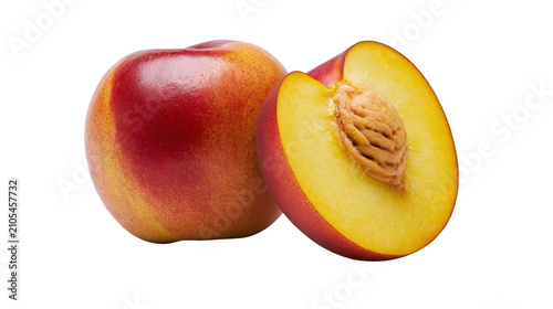 Foto Whole and halved nectarine with visible pit and flesh