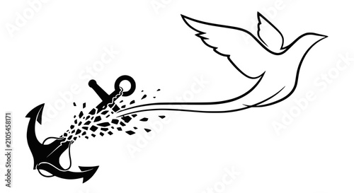 Canvastavla Bird flying from dissolving anchor, symbolizing freedom and release from burdens