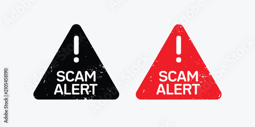 Scam alert warning signs with exclamation mark, red and black triangle fraud icons, distressed grunge security vector