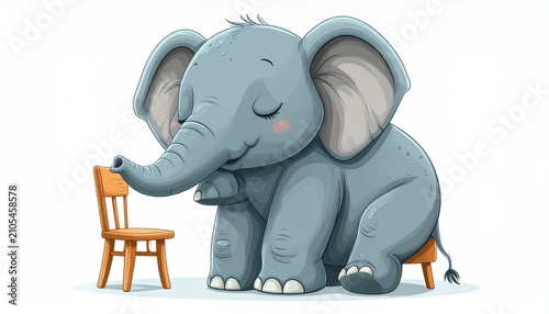 Adorable Baby Elephant Sitting Next to a Small Wooden Chair.