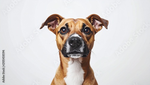Adorable Boxer Mix Dog Portrait with Expressive Eyes on White Background.