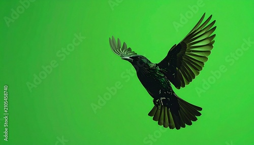 Black bird in flight against a vibrant green background.