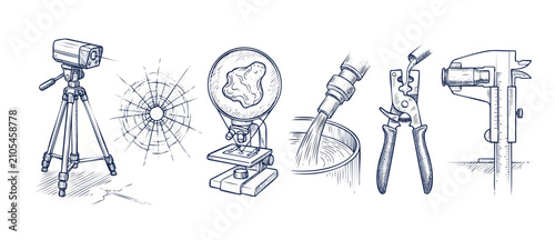 Foto Forensic science laboratory vector icons showing ballistic bullet measurement, shattered glass hole, microscope analysis, crimper tool, and laser camera in a vintage hand-drawn sketch style