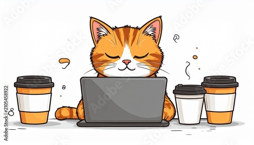 Cartoon cat working on laptop with coffee cups illustration.
