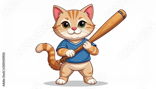 Cartoon Cat Ready to Play Baseball with Bat.