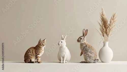Cat and Rabbits in a Minimalist Setting with Pampas Grass.