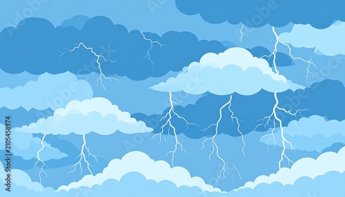 Cartoon thunderstorm with lightning strikes and dark clouds.