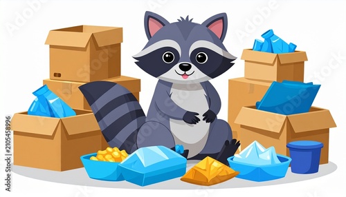 Cartoon Raccoon Surrounded by Boxes and Bowls of Food.