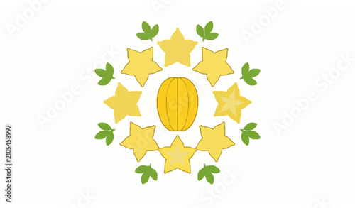 Quadro su tela Ripe Carambola Star Fruit with Slices Top View Flat Lay Vector Illustration on W