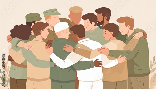 Diverse Group Embracing - Unity and Togetherness Illustration for Peace.