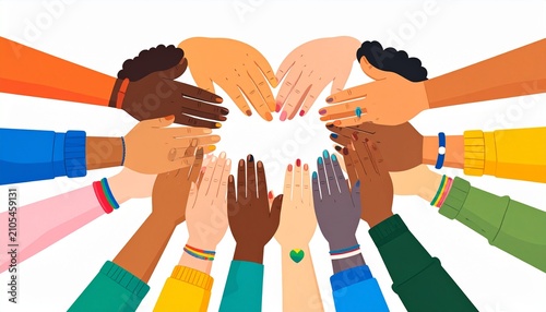 Diverse hands forming a heart shape symbolizing unity and love.