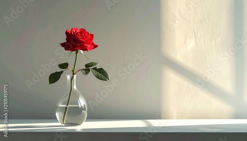 Elegant Red Rose in Glass Vase Bathed in Soft Sunlight.