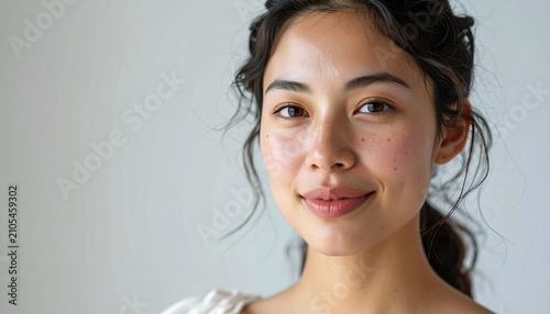 Portrait of a serene young woman with a gentle smile.