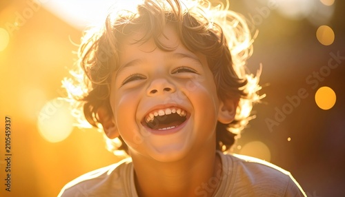 Radiant Joy - A Young Boys Heartfelt Laughter in Golden Sunlight.