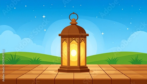 Ramadan Lantern on Wooden Surface with Green Hills Backdrop.