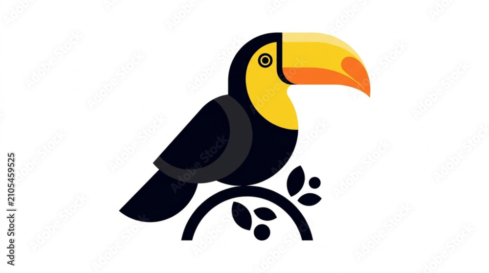 Fototapeta premium Stylized toucan bird illustration with vibrant yellow orange beak and black feathers perched on branch for tropical wildlife themes