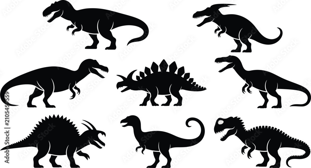 Obraz premium Black dinosaur silhouettes collection featuring diverse prehistoric species including Tyrannosaurus, Stegosaurus, Triceratops, and other iconic ancient creatures on white background