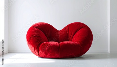 Stylish Red Heart-Shaped Chair in Minimalist White Room.