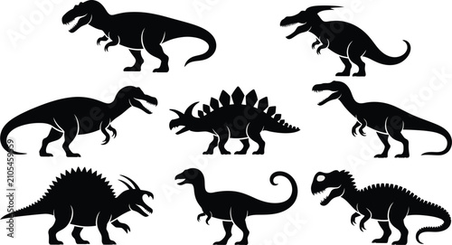 Foto Black dinosaur silhouettes collection featuring diverse prehistoric species incl