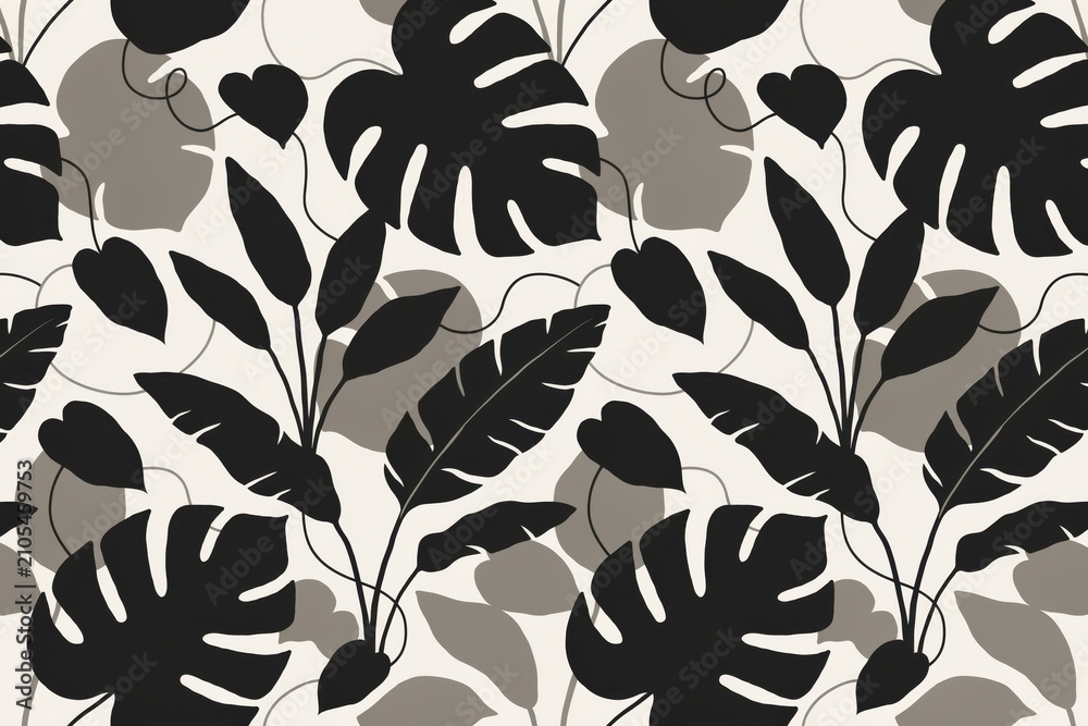 Obraz premium Tropical botanical seamless pattern with black monstera leaves and palm foliage silhouettes on a light beige background, flat style