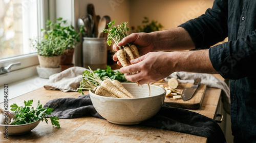 Chef Preparing Fresh Root Vegetables For Healthy Cuisine