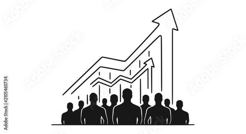 Business Growth Concept: Silhouette Group of People with Upward Arrow Graph