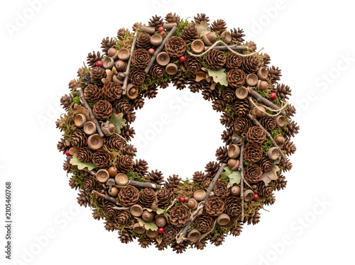 Miniature Pinecone and Acorn Cap Decorative Wreath Isolated on White Background – Ultra Detailed Woodland Nature Ornament PNG