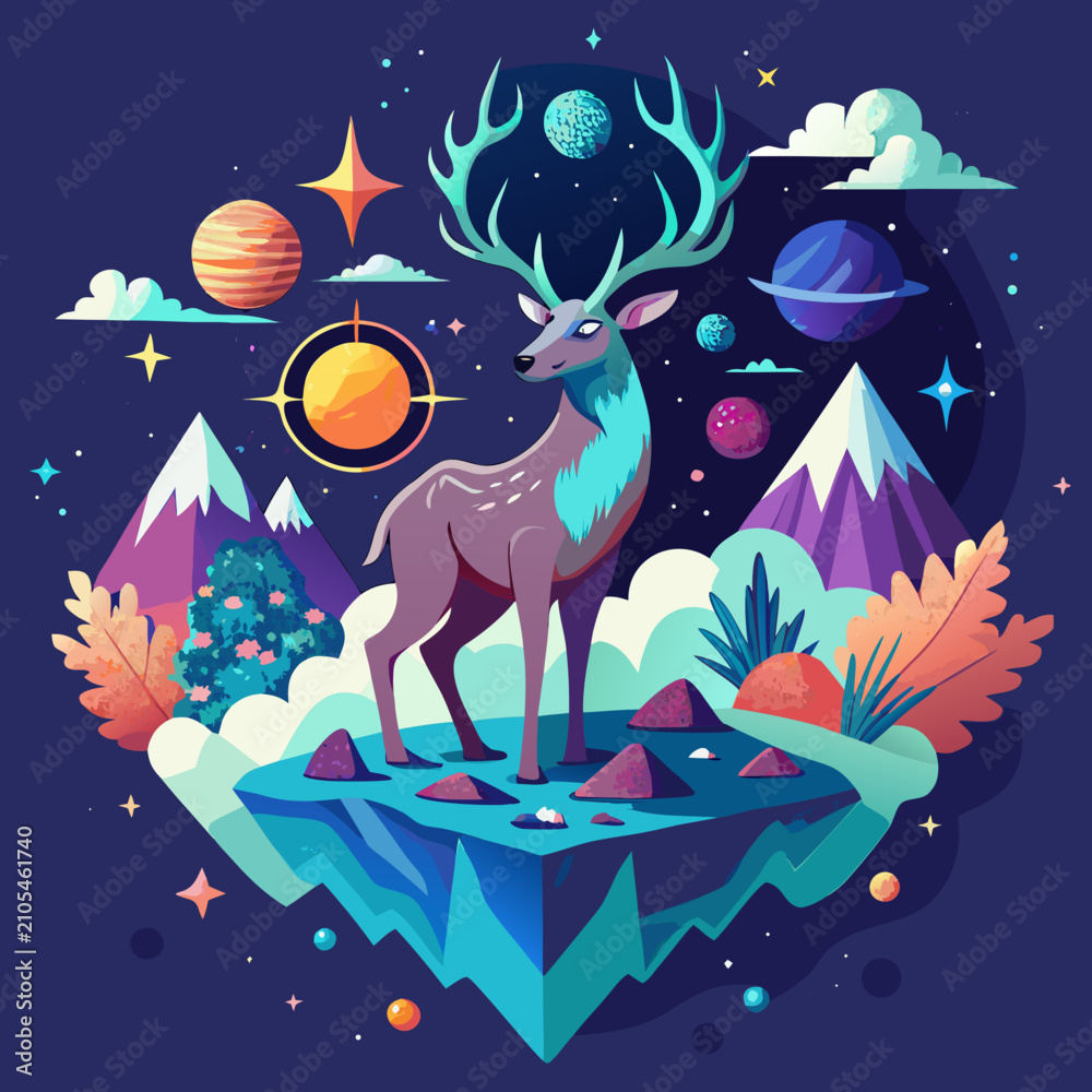 Naklejka premium Majestic Cosmic Stag with Crystal Universe Antlers Vector Illustration