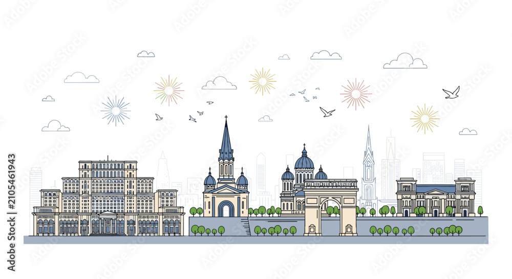 Obraz premium Panoramic banner illustration of the Bucharest cityscape featuring historic palaces, monumental arch, and cathedral.