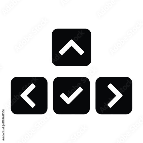Navigation buttons set with arrows and check mark symbols on black square icons