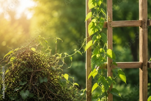 A green vine growing up a clean wooden trellis.