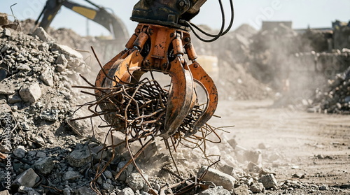 Excavator claw grabbing tangled steel rebar from rubble pile at demolition construction site, industrial recycling and waste management concept.