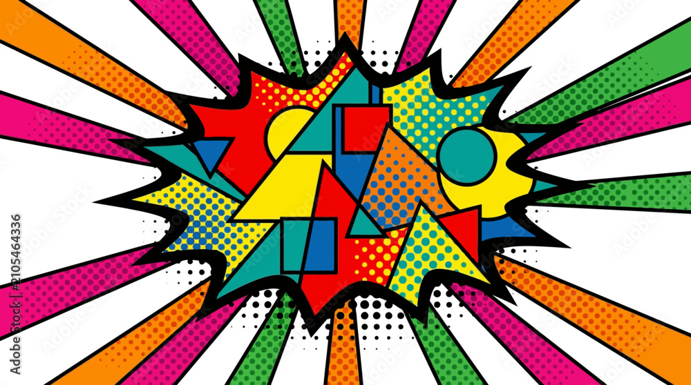 Fototapeta premium A vibrant pop art style explosion graphic featuring an array of colorful geometric shapes and halftone patterns against a background of radiating multi-colored lines.