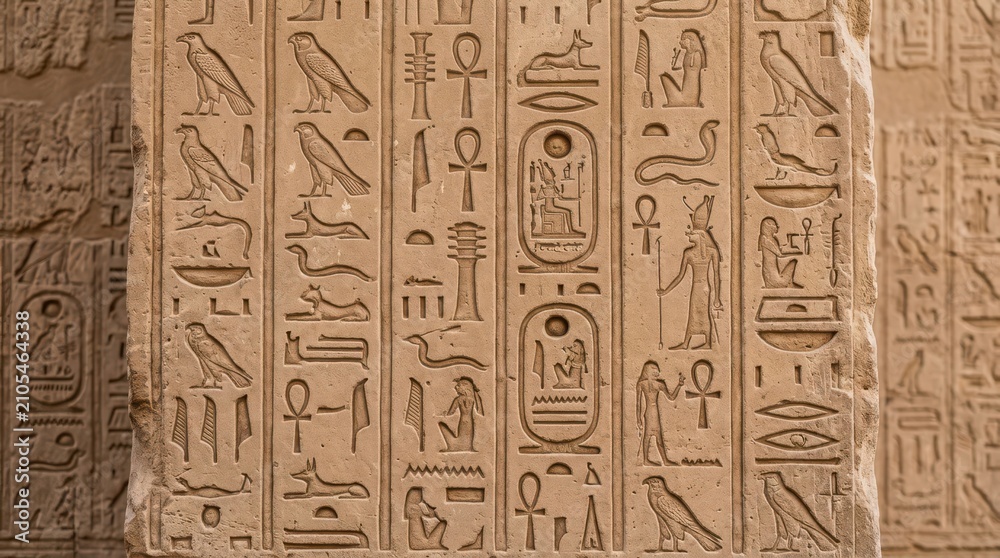 Fototapeta premium Ancient Egyptian hieroglyphs carved into stone temple wall.