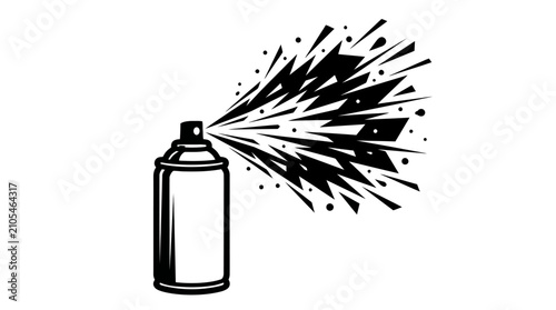 Fotografie Black and white graphic illustration of an aerosol spray can emitting a forceful burst of paint or liquid, depicted with jagged lines and dots