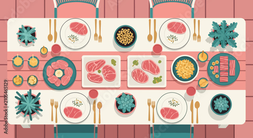 A top-down view of a beautifully set dining table with various raw ingredients for a communal meal, including sliced meats, vegetables, and sauces, ready for cooking.