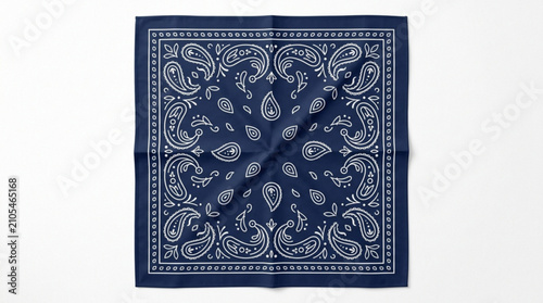 Navy blue bandana with intricate paisley pattern and white decorative borders perfect for fashion accessories and casual wear