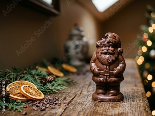 Bitten Chocolate Santa Claus figurine on rustic wood with festive holiday vignette