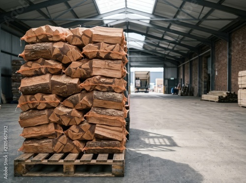 Firewood stacked in mesh sacks on pallet in industrial warehouse ready for distribution; commercial logistics and supply chain concept