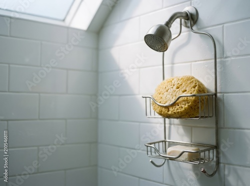 Shower caddy with sponge and soap on tiled wall, bathroom hygiene and storage